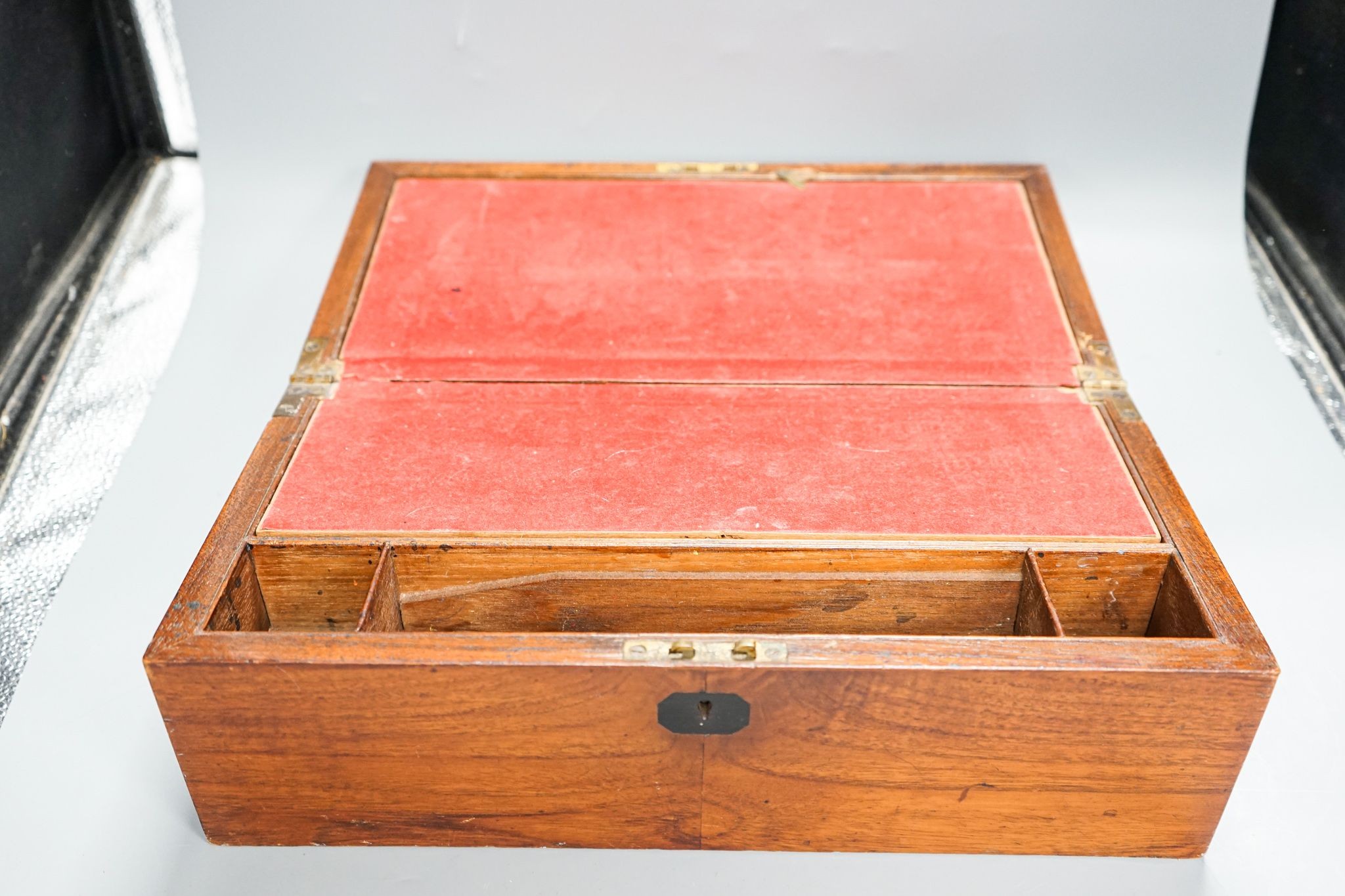 A Victorian inlaid yew box and Victorian mahogany writing slope, 39.5 cm